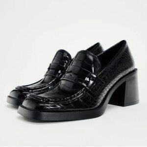 Zara Block Black Croc Heeled Loafers